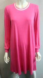 (L61) Ladies Nightie - Long Sleeves - ROSE PINK with Rose & White Neck Band