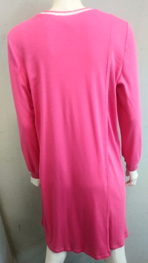 (L61) Ladies Nightie - Long Sleeves -ROSE PINK with Lilac & White Neck Band