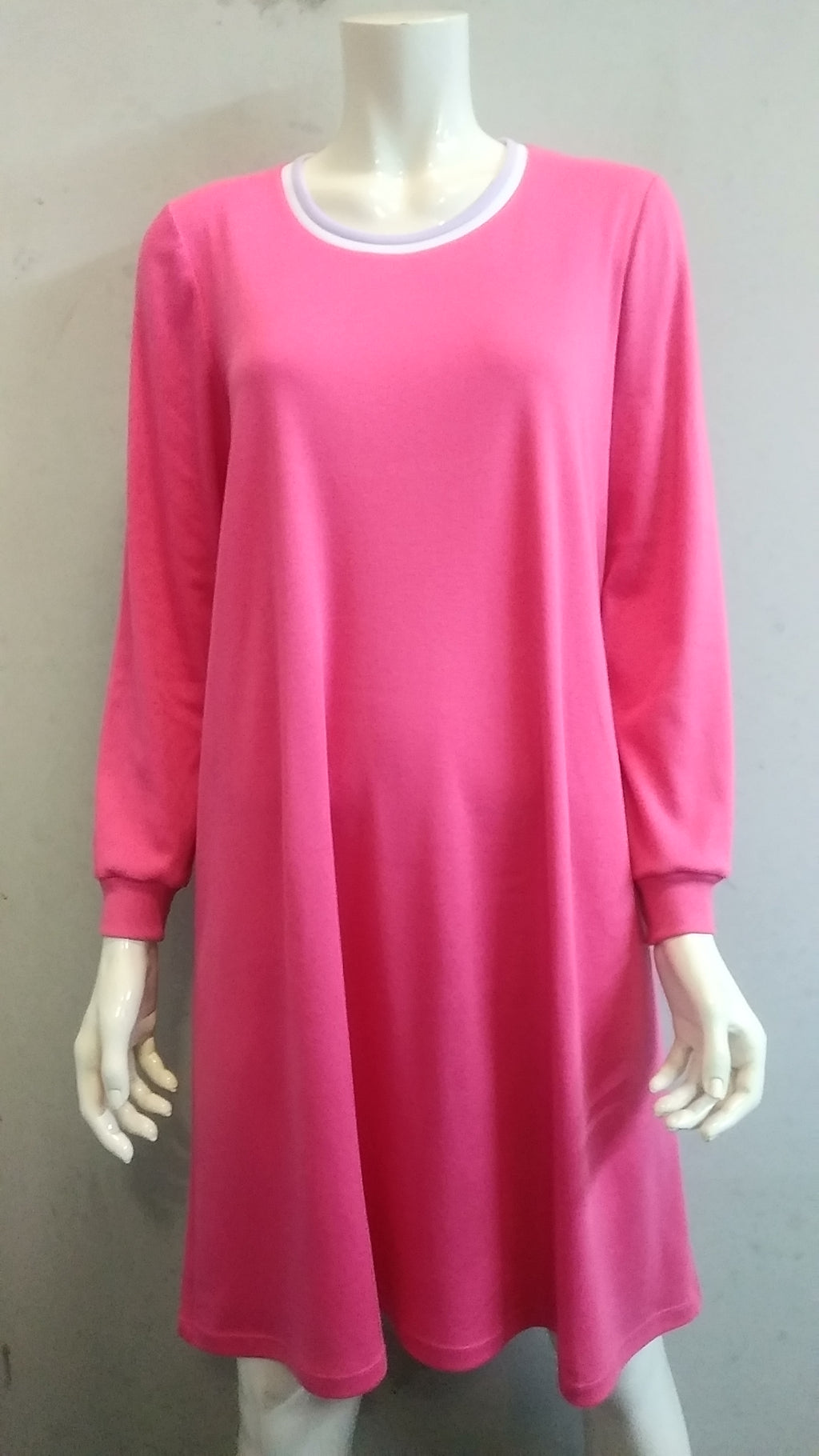 (L61) Ladies Nightie - Long Sleeves -ROSE PINK with Lilac & White Neck Band